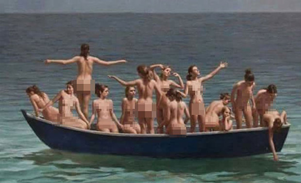 Naked women on a boat